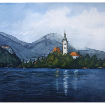 Painting titled "View of the island" by Hanna Samoilenko, Original Artwork, Watercolor