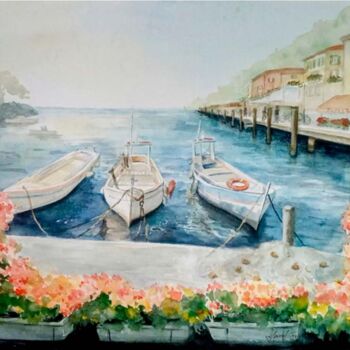 Painting titled "Boats on the pier" by Hanna Samoilenko, Original Artwork, Watercolor