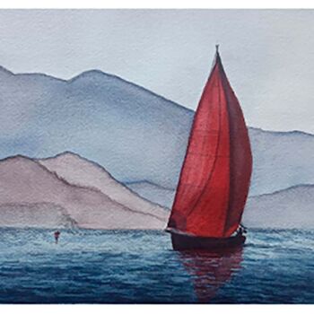 Pittura intitolato "Red sailboat" da Hanna Samoilenko, Opera d'arte originale, Acquarello