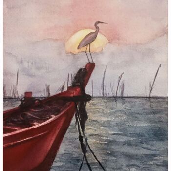 Schilderij getiteld "Heron at sunset" door Hanna Samoilenko, Origineel Kunstwerk, Aquarel