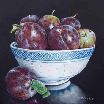 Painting titled "A Bowl of Plums" by Hanna Kaciniel, Original Artwork, Oil