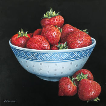 Schilderij getiteld "A bowl of Strawberr…" door Hanna Kaciniel, Origineel Kunstwerk, Olie