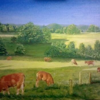 Painting titled "Limousin cows in Co…" by Hans Dutch Artist, Original Artwork, Oil
