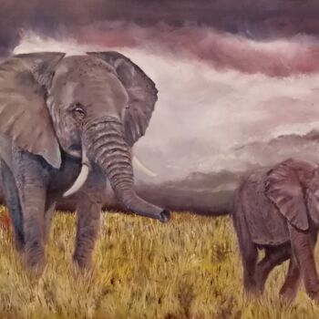 Painting titled "Elephants" by Hans Dutch Artist, Original Artwork, Oil