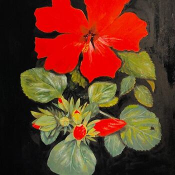 Painting titled "Ibiscus Rosa" by Hans Dutch Artist, Original Artwork, Oil