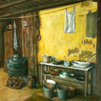 Painting titled "old dutch farm kitc…" by Hans Dutch Artist, Original Artwork, Oil Mounted on Wood Stretcher frame