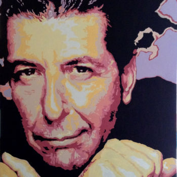 Painting titled "Leonard Cohen" by Hans Veltman, Original Artwork, Oil Mounted on Wood Stretcher frame