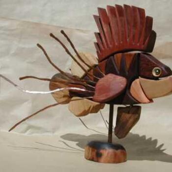 Sculpture titled "red fire fish cupper" by Hansjorg Stubler, Original Artwork, Wood