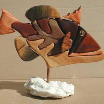 Sculpture titled "Whitebanded Trigger…" by Hansjorg Stubler, Original Artwork, Wood