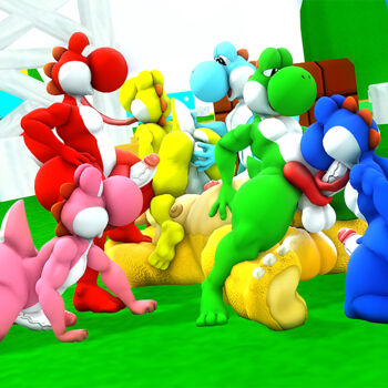 group of yoshi having fun with bowser