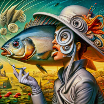 Arts numériques intitulée "Dame mit Fisch!" par Harald Laier, Œuvre d'art originale, Image générée par l'IA
