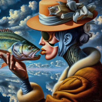 Arts numériques intitulée "Dame mit Fisch Part…" par Harald Laier, Œuvre d'art originale, Image générée par l'IA