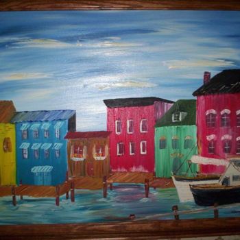 Schilderij getiteld "Waterfront Docking" door Harold Messler, Origineel Kunstwerk, Olie