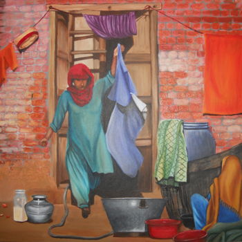 Painting titled "Our Daily Chores" by Harphar, Original Artwork, Acrylic