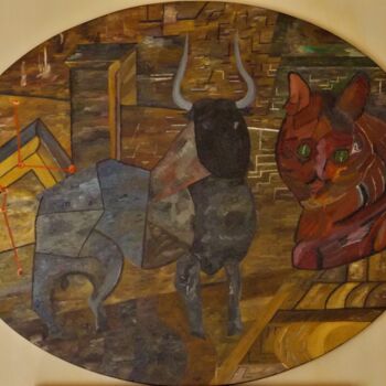 Painting titled "Stier mit Katze" by Harry Lübke (hARRY), Original Artwork, Oil