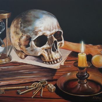 Painting titled "skull and candle" by Harun Ayhan, Original Artwork, Oil