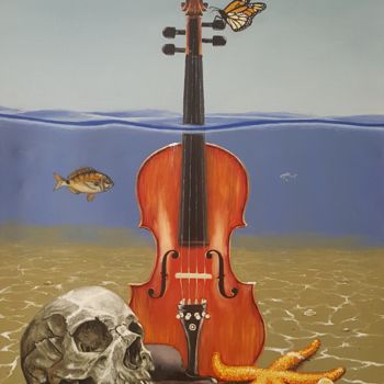 Ζωγραφική με τίτλο "violin and skull un…" από Harun Ayhan, Αυθεντικά έργα τέχνης, Λάδι