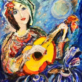 Painting titled "Девушка с гитарой" by Dr Hasai Aliev, Original Artwork, Acrylic