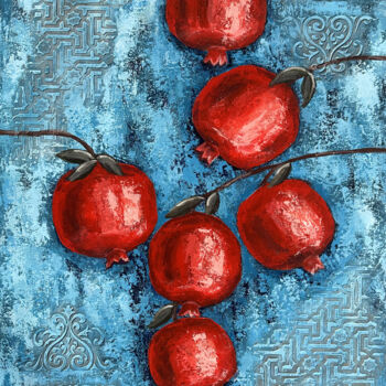 Schilderij getiteld "Textured pomegranat…" door Hasmik Mamikonyan, Origineel Kunstwerk, Acryl Gemonteerd op Frame voor houte…