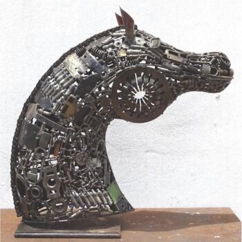 Sculpture titled "Sculpture Tête Chev…" by Hassan Laamirat, Original Artwork, Metals