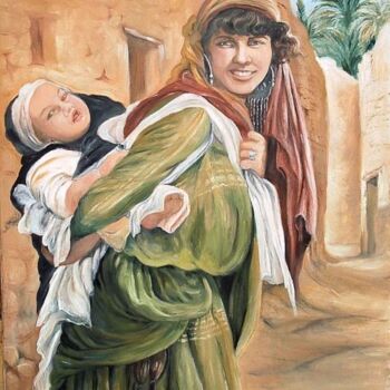 Peinture intitulée "jeune mère et son e…" par Hassina Bouglam, Œuvre d'art originale
