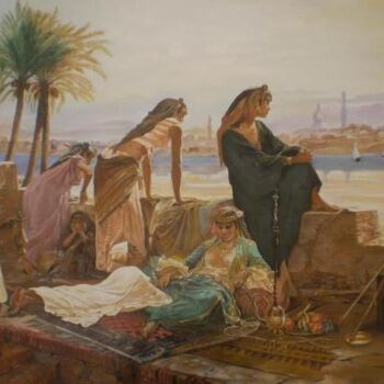 Peinture intitulée ""terrasse au bord d…" par Hassina Bouglam, Œuvre d'art originale, Huile