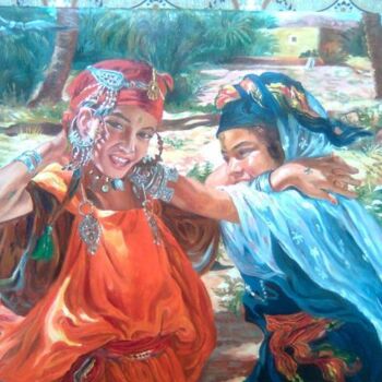 Peinture intitulée "Fillettes jouant" par Hassina Bouglam, Œuvre d'art originale