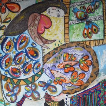 Painting titled "Fish Feeding" by Hassina Zahaf, Original Artwork