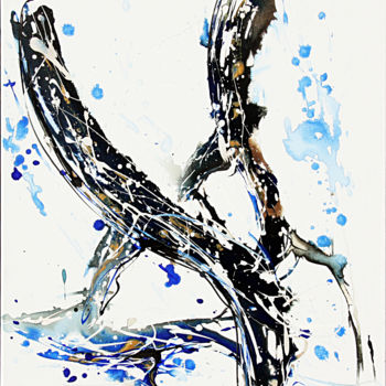 Peinture intitulée "baleine-mer-bleu-oc…" par Stéphane Hauton (O), Œuvre d'art originale, Aquarelle