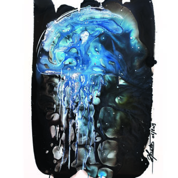 Malarstwo zatytułowany „meduse-bleu-eau-mer…” autorstwa Stéphane Hauton (O), Oryginalna praca, Akwarela