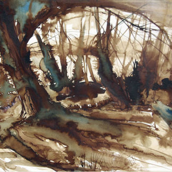 Painting titled "La forêt est bleu" by Stéphane Hauton (O), Original Artwork, Watercolor