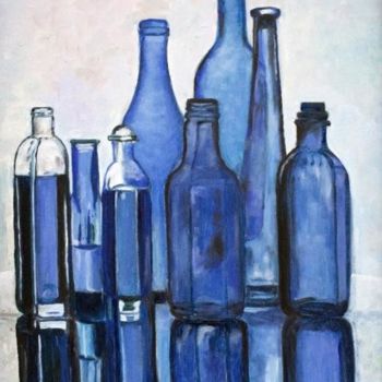 Painting titled "blue bottles" by Galina-Hava, Original Artwork, Oil