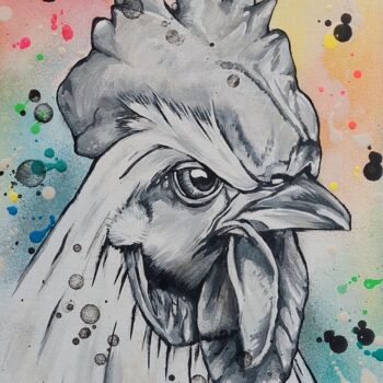 Painting titled "Le regard du coq su…" by Onemight, Original Artwork, Acrylic