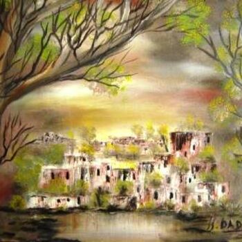 Painting titled "village bleu" by Hayat Dadoun, Original Artwork