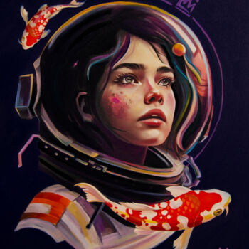 Painting titled "Madonna in Space" by Hayk Hovhannisyan, Original Artwork, Acrylic Mounted on Wood Stretcher frame