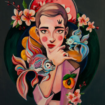 Painting titled "Madonna with Pisces" by Hayk Hovhannisyan, Original Artwork, Acrylic Mounted on Wood Stretcher frame