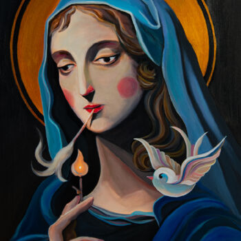 Schilderij getiteld "Pensive madonna" door Hayk Hovhannisyan, Origineel Kunstwerk, Acryl Gemonteerd op Frame voor houten bra…