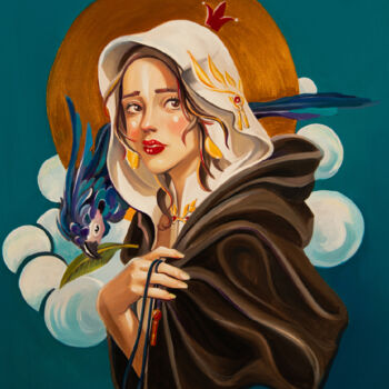 Painting titled "Madonna with parrot" by Hayk Hovhannisyan, Original Artwork, Acrylic Mounted on Wood Stretcher frame