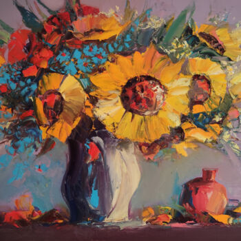 Painting titled "Still life - Sunflo…" by Hayk Miqayelyan, Original Artwork, Oil Mounted on Wood Stretcher frame
