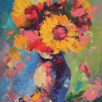 Painting titled "Sunflowers 80x60cm,…" by Hayk Miqayelyan, Original Artwork, Oil Mounted on Wood Stretcher frame