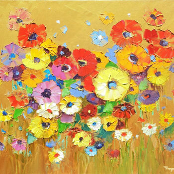 Painting titled "Colorful flowers" by Hayk Miqayelyan, Original Artwork, Oil Mounted on Wood Stretcher frame