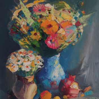 Painting titled "Still life with flo…" by Hayk Miqayelyan, Original Artwork, Oil Mounted on Wood Stretcher frame