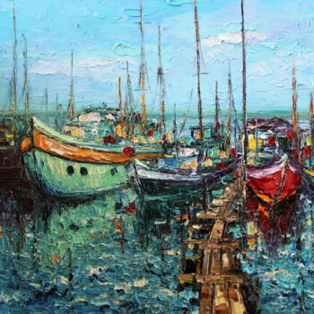 Pintura intitulada "Boats in the harbour" por Haykuhi Khachatryan, Obras de arte originais, Óleo