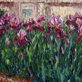 Pintura intitulada "Irises." por Haykuhi Khachatryan, Obras de arte originais, Óleo