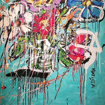 Painting titled "Blue green flowers" by Hbatista, Original Artwork, Acrylic Mounted on Wood Stretcher frame