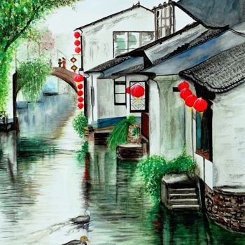 Peinture intitulée ""Venice of the East…" par Cheng Chen, Œuvre d'art originale, Aquarelle