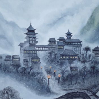 Pittura intitolato "Snowing Valley" da Cheng Chen, Opera d'arte originale, Acquarello