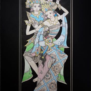 Malerei mit dem Titel "Balinese Couple God" von Cheng Chen, Original-Kunstwerk, Aquarell