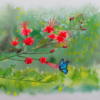 Картина под названием "Peacock Flowers" - Cheng Chen, Подлинное произведение искусства, Акварель