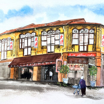 Painting titled "Singapore Shophouse" by Cheng Chen, Original Artwork, Watercolor